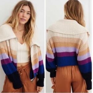 Aerie womens M chucky knit crop double zipper stripes cardigan boho